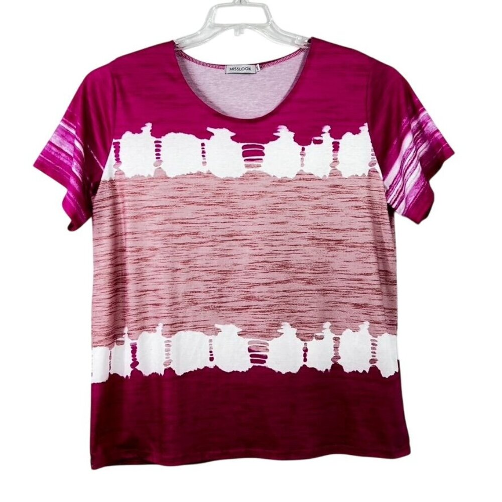 Misslook Women/s  4XL Blouse Top Pink White Pullover Short Sleeve Stretch